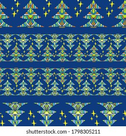 Vector seamless magical design with decorative triangular fir trees on blue. Cute decorative background design. Perfect for maps, decorations, textiles, surfaces, backgrounds, sheets, cushions