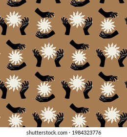 Vector seamless magical pattern with magical hands or wrist and sun. Bohemian aesthetic background for print, fabric, textile, wallpaper