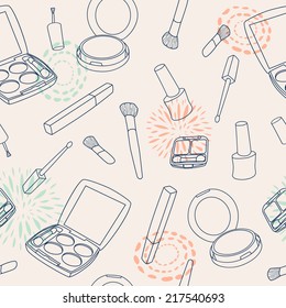 Vector seamless make up pattern with brushes, eyeshadow palette, face powder, nail polish.
