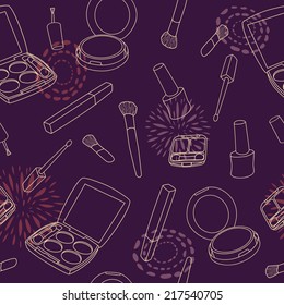 Vector seamless make up pattern with brushes, eyeshadow palette, face powder, nail polish.