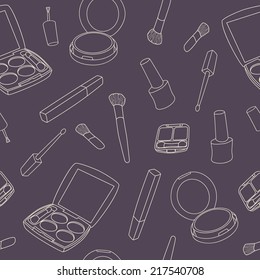 Vector seamless make up pattern with brushes, eyeshadow palette, face powder, nail polish.