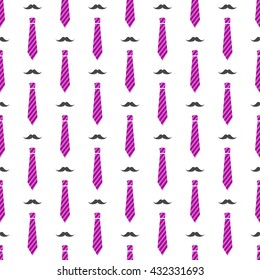 Vector seamless male pattern with mustaches and pink neckties. Male hipster background. Fashion minimal pattern for fabric print, wrapping paper