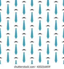 Vector seamless male pattern with mustaches and blue neckties. Male hipster background. Fashion minimal pattern for fabric print, wrapping paper