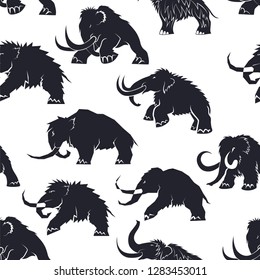 Vector seamless mammoth. Black silhouettes of mammoths on a white background. Texture for cover, wrapper, wallpaper. Vector illustration of an ancient animal world