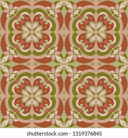 Vector seamless mandala ornament. Symmetrical abstract filigree arabic ancient pattern in red green tone. Elegant, stylish. Design for wrapping paper design, textile, tile, backdrop, web, label, decor