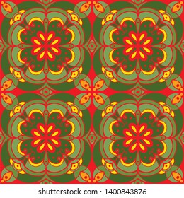 Vector seamless mandala ornament. Symmetrical abstract filigree arabic pattern in green red tone. Elegant, simple, stylish. Design for wrapping paper design, textile, tile, backdrop, web, label, decor