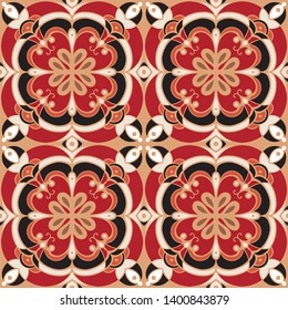 Vector seamless mandala ornament. Symmetrical abstract filigree arabic pattern in red and black color. Elegant, simple, stylish. Design for wrapping paper design, textile, tile, backdrop, label, decor