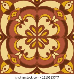 Vector seamless mandala ornament.Symmetrical abstract filigree pattern in gold, brown tones.Elegant,simple,stylish.Great design for wrapping paper design,textile,tile,backdrop,web,label,stickers,decor