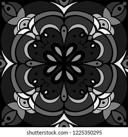 Vector seamless mandala ornament.Symmetrical abstract filigree pattern in black and white tones.Elegant,simple,stylish pattern.Ornament for wrapping paper design,textile,tile,backdrop,web,label,decor