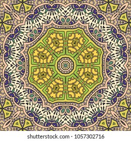 Vector seamless mandala pattern with repeating texture for textile fabric or paper print. Colorful geometric doodle background. Tribal ethnic ornament, design for book cover, invitation card design