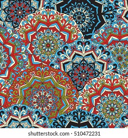 Vector seamless mandala pattern. Surface pattern design. Fabric print. Ethnic, tribal, indian, islam,arabic motifs. Hand drawn romany background. Boho style