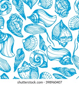 Vector seamless marine background with blue sea shells on white. Hand drawn vector illustration in sketch style for fabric, wrapping, prints and other design.