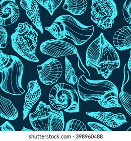 Vector seamless marine background with sea shells on blue. Hand drawn vector illustration in sketch style for fabric, wrapping, prints and other design.