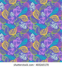 Vector seamless marine background with sea shells on lilac. Hand drawn vector illustration in sketch style.