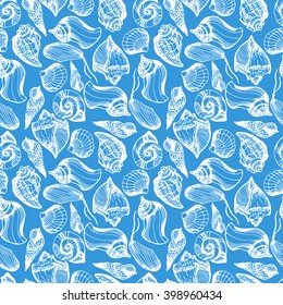 Vector seamless marine background with white sea shells on blue. Hand drawn vector illustration in sketch style for fabric, wrapping, prints and other design.