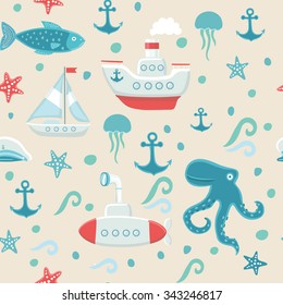 Vector seamless marine cute elements pattern