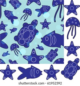 vector seamless marine life composition with a set of marine creatures