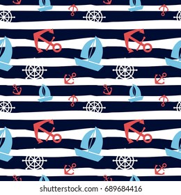 Vector seamless marine pattern with anchors, sailboat shape. and wheels on blue striped background