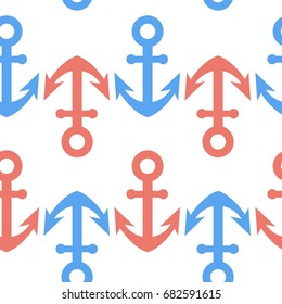 Vector seamless marine pattern with blue and red anchors