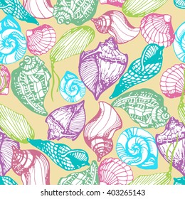 Vector seamless marine pattern with colored sea shells on white. Hand drawn vector illustration in sketch style.