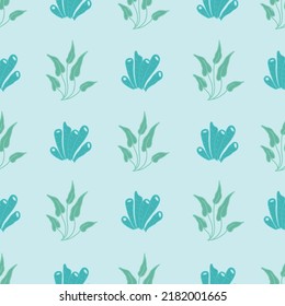 Vector seamless marine pattern with corals and water plants. isolated on a lightgreen background. Pattern design for Fabric, paper, cover, wrapping paper, interior and other uses.