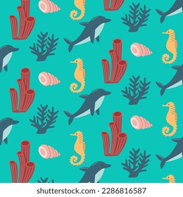 Vector seamless marine pattern with dolphin, seahorse, corals, shell, seaweed. Ocean life and sea creatures or animals.