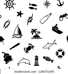 Vector seamless marine pattern doodle,  ship, island, shark, dolphin, lighthouse, helm, anchor, vector illustration by hand