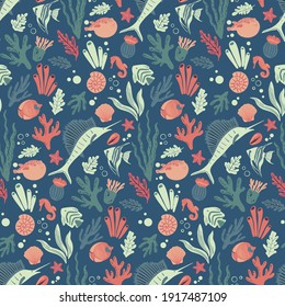 Vector seamless marine pattern with fish, coral, shell, starfish, anemone, seaweed, swordfish or marlin. Ocean life and sea creatures or animals. Nautical background