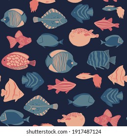 Vector seamless marine pattern with fish, fugu, flounder and tropical fishes. Ocean life and sea creatures or animals. Nautical background