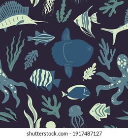Vector seamless marine pattern with fish, coral, seaweed, tropical fishes, octopus, jellyfish, mola, marlin or swordfish. Ocean life and sea creatures or animals. Nautical background