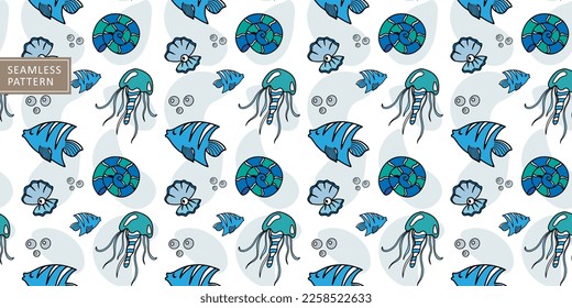 Vector seamless marine pattern with fish, jellyfish, shells, clams for children's textiles, wrapping paper
