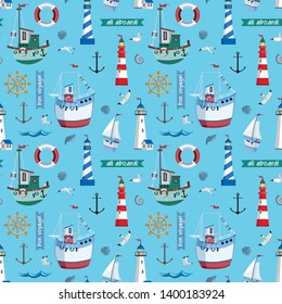 Vector seamless marine pattern with lighthouses, ships, gulls, anchor, shells on blue background