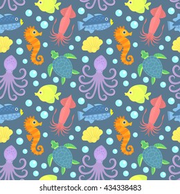 Vector seamless marine pattern with octopus, turtle, starfish, fish, squid, seahorses, shells on blue  background.