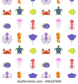 Vector seamless marine pattern with octopus, turtle, starfish, fish, squid, seahorse, crab, Stingray isolated on white  background.