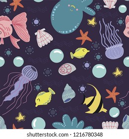 Vector seamless marine pattern with a picture of cute fish, octopus, seashells, jellyfish and bubbles on a dark background.
