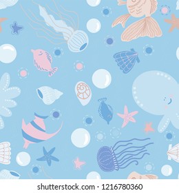 Vector seamless marine pattern with a picture of cute fish, octopus, seashells, jellyfish and bubbles on a white background.