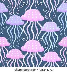 Vector seamless marine pattern with pink jellyfish isolated on dark background.