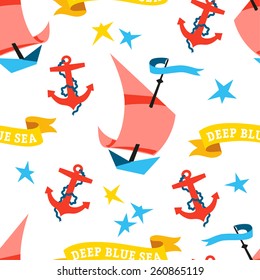 Vector seamless marine pattern. Sea background with a boat, an anchor, a sail and stars.