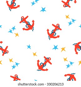 Vector seamless marine pattern. Sea background with a boat, an anchor, a sail and stars.