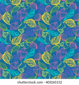 Vector seamless marine pattern with sea shells on blue. Hand drawn vector illustration in sketch style.