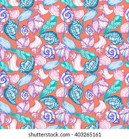 Vector seamless marine pattern with sea shells . Hand drawn vector illustration in sketch style.