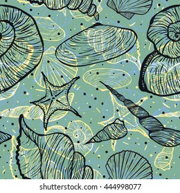 Vector seamless marine pattern with sea shells on green. Hand drawn vector illustration in sketch style for fabric, wrapping, prints and other design.