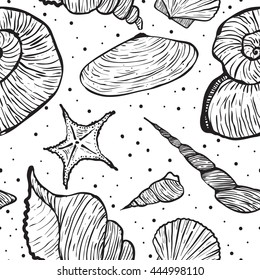 Vector seamless marine pattern with sea shells. Hand drawn vector illustration in sketch style for fabric, wrapping, prints and other design.