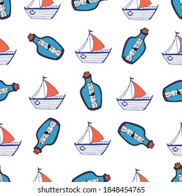 Vector seamless marine pattern with ships and bottles with a message