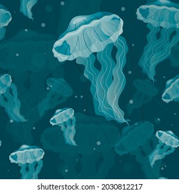 Vector seamless marine pattern. Underwater world with transparent blue poisonous jellyfish with tentacles.