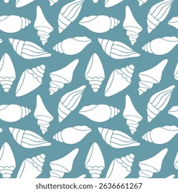 Vector seamless marine pattern white shell silhouettes on blue. Summer vacation sea life ocean background. Ideal for fabric print, wallpaper, packaging, stationery, travel themes, beach products