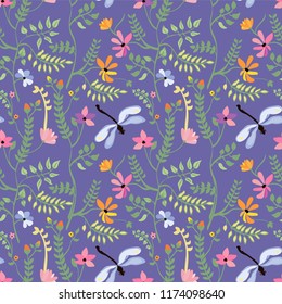 vector seamless meadow grass dragonfly leaves