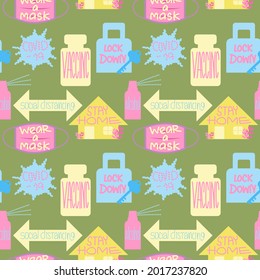 Vector seamless medical background,hand wash alcohol, Vaccine, syringe, surgical mask. Cartoon style, icons