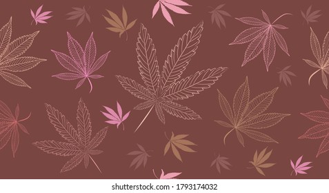 Patrón de Cannabis Médico sin Vectores en Tonos Neutros y Terrestres. La Cannabis moderna deja la ilustración para el fondo, el diseño de empaque, pancartas, afiches. Silhouttes dibujados a mano de hojas de maleza.