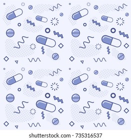 Vector seamless medical pattern with pills, tablets and geometrical elements. Trendy flat memphis style background